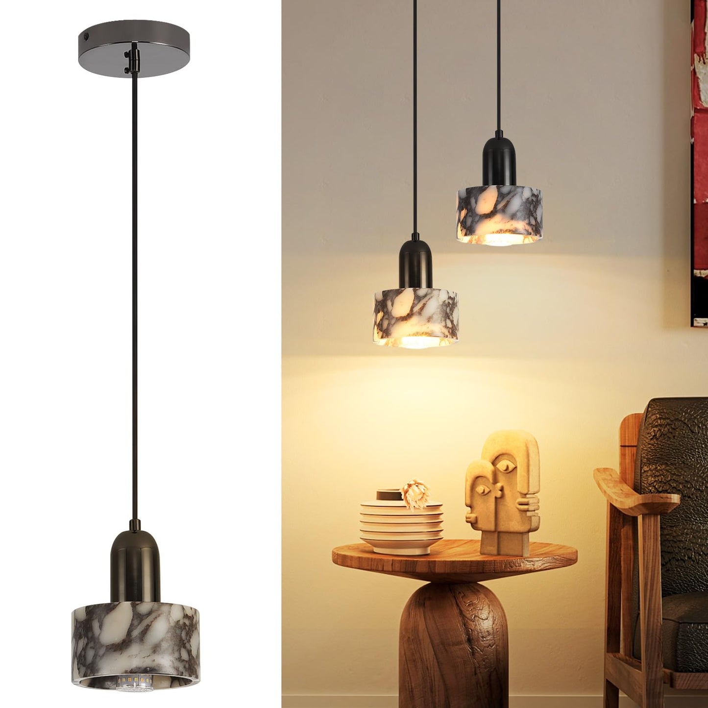 Fivemengo Natural Stone Pendant Light 4.7in, Mini Wabi Sabi Pendant Light 2 Pack, Mini Nordic Hanging Stone Lamp Lighting Fixture for Dining Room Bedroom Corner (Bulb Included)