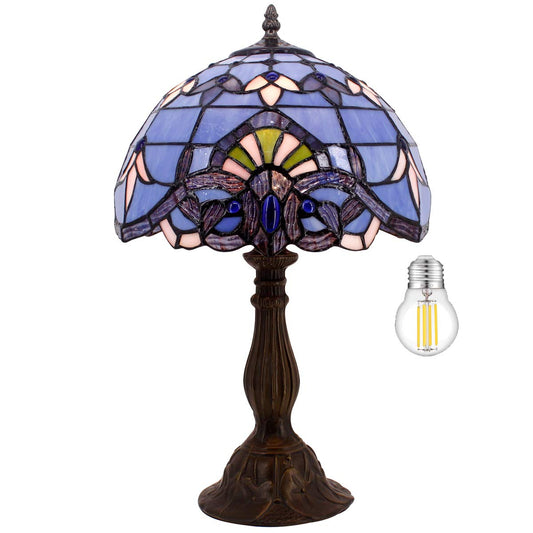 WERFACTORY Tiffany Lamp Stained Glass Table Lamp 12X12X18 Inches Blue Purple Baroque Style Lavender Bedside Reading Desk Light Decor Bedroom Living Room Home Office S003C Series