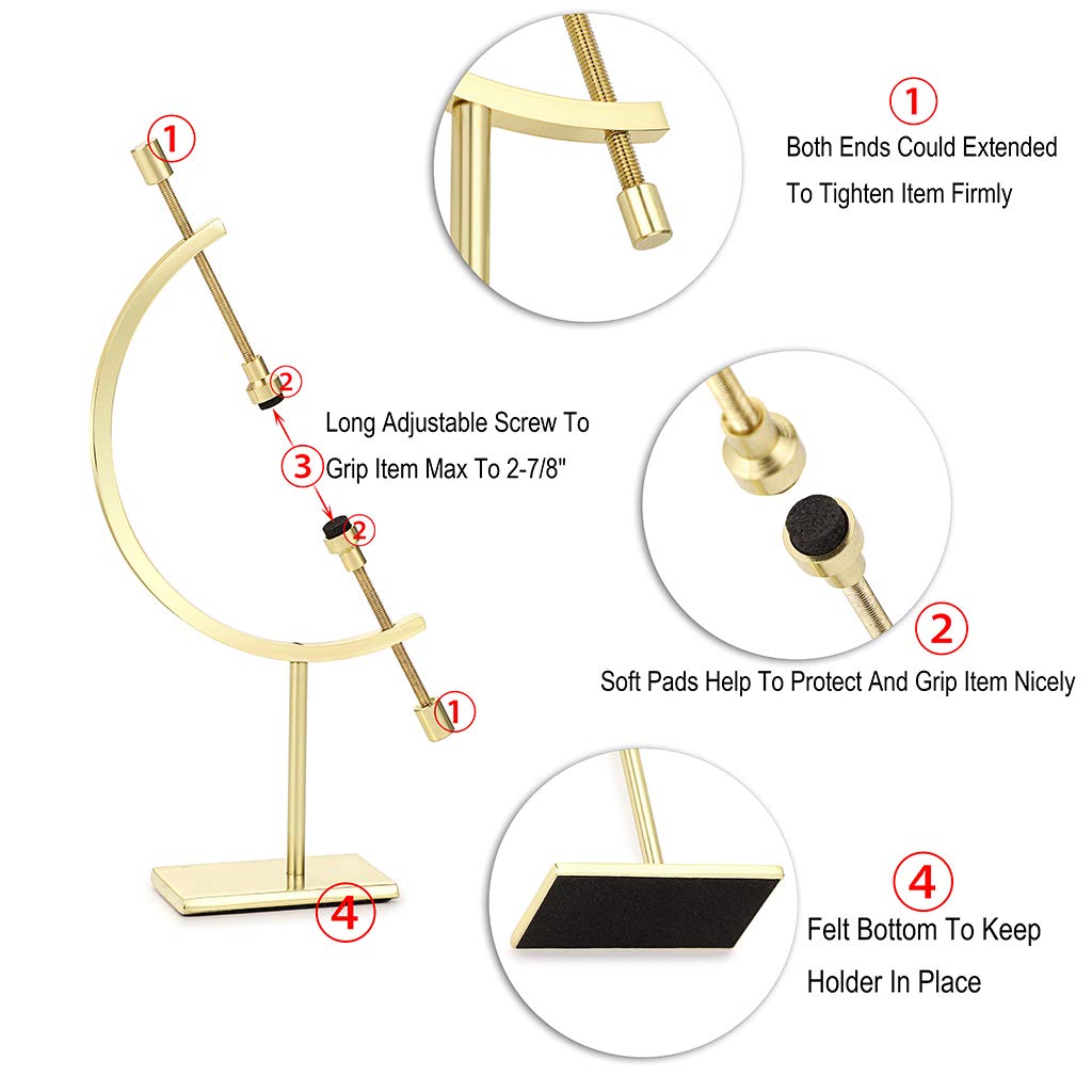 JUXYES Golden Toned Sphere Holder Caliper Stand, Caliper Style Display Stand For Mineral, Ornament, Gem, Shell, Coin, etc (S)
