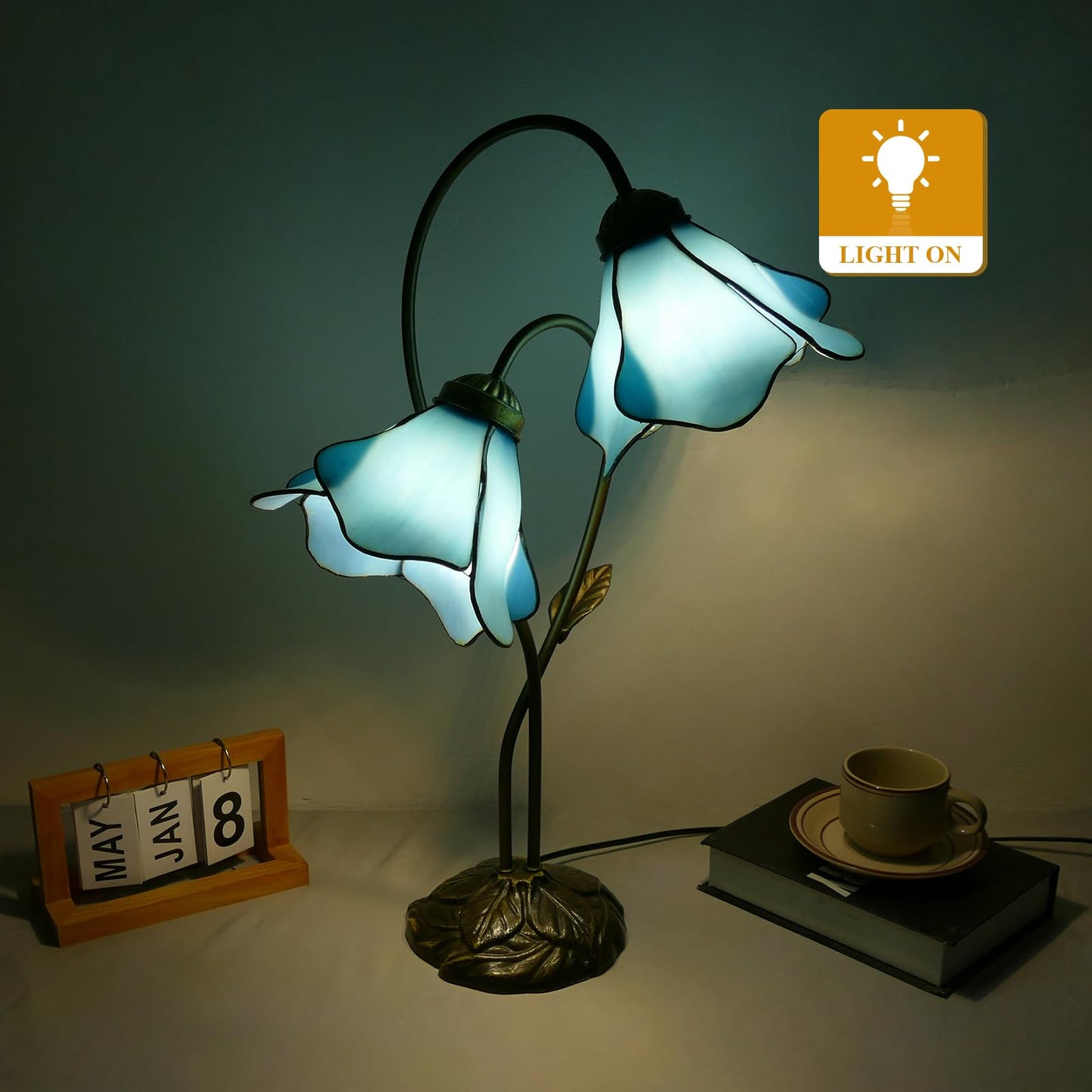 VirtueKing Blue Lotus Stained Glass Lamps Double Headed Desk Lamp 2-Light Tiffany Table Lamp 8" Wide 24" Tall Tiffany Style Table Lamp LED Bulb Included
