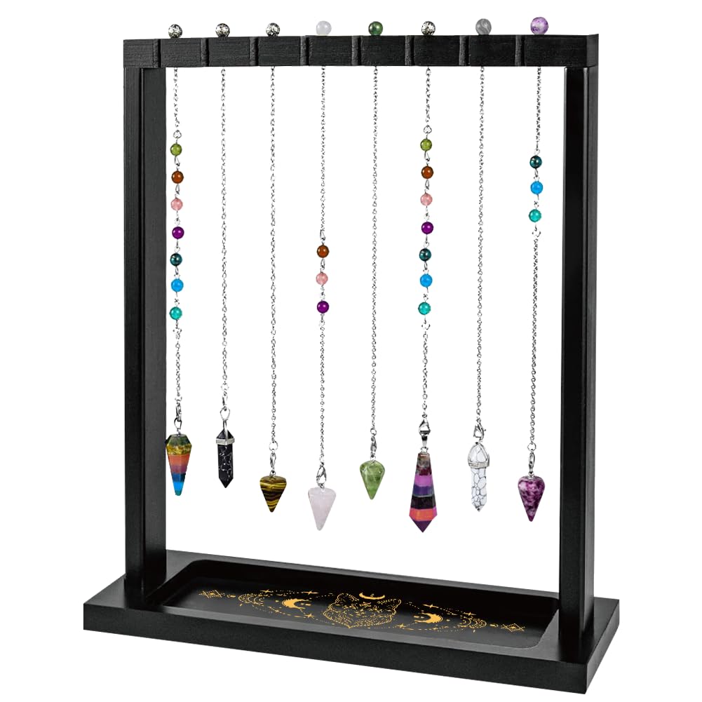 BEUNITONE Pendulum Crystal Holder, Cat Design Wooden Crystal & Jewelry Display Stand Divination Pendulum Storage Rack Tabletop Organiser for Necklaces, Stones and Home Decor