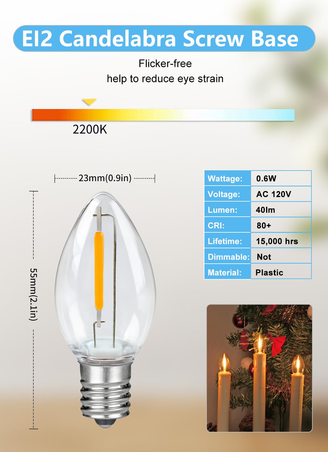 FUTIME 25Pack LED Night Light Bulbs, C7 Shatterproof Replacement Led Bulb for String Light, E12 Base Salt Lamp Bulbs, 0.6W Equivalent to 7W, Warm White 2200K, 50LM