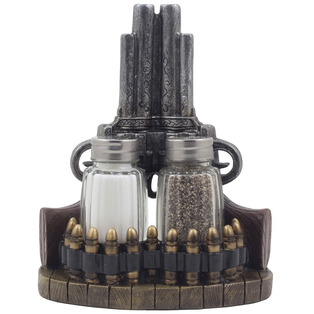 Classic Country Western Six-shooter Pistols with Bullets Salt and Pepper Shaker Set on Decorative Display Stand Figurine in Wild West Kitchen Decor Table Centerpieces As Rustic Gifts for Cowboys