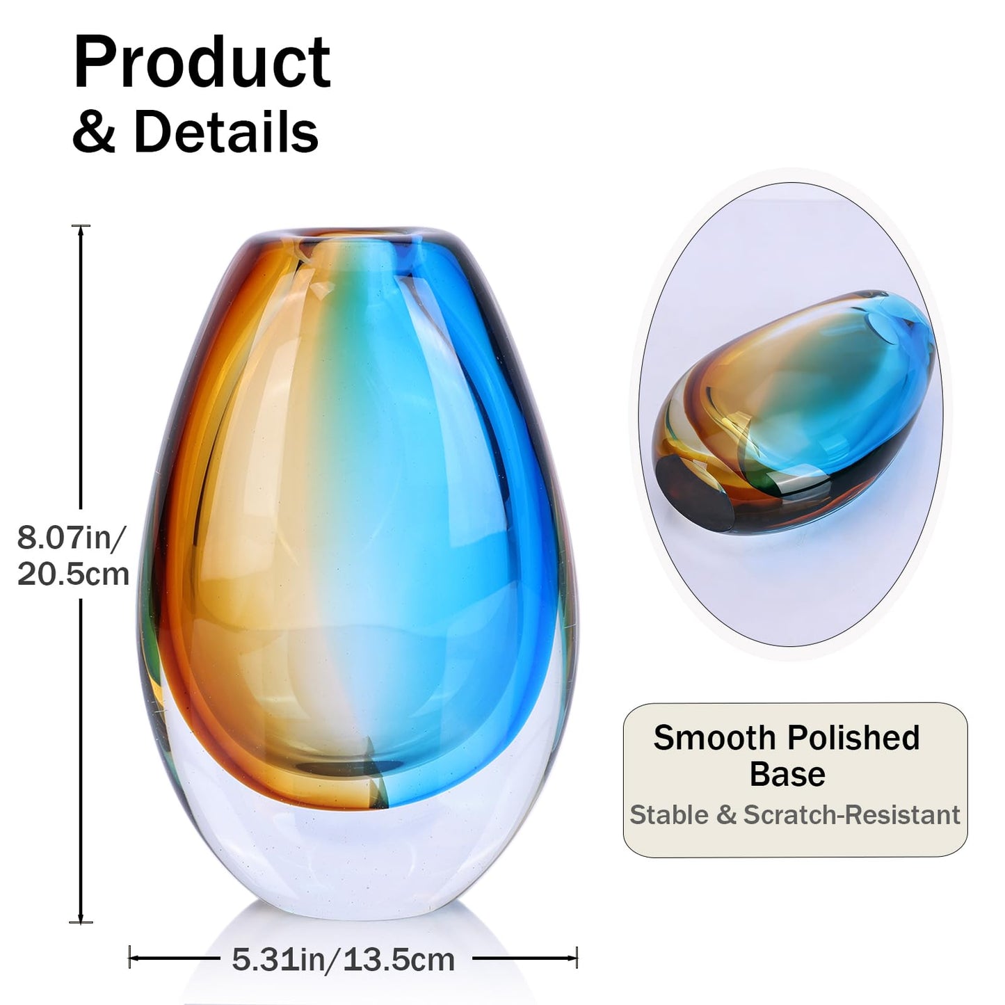 Hand Blown Art Glass Vase, Murano Inspired vase, Amber Blue Decorative Accent with Oval Silhouette for Dining Table, Entryway, Shelf or Mantel Display