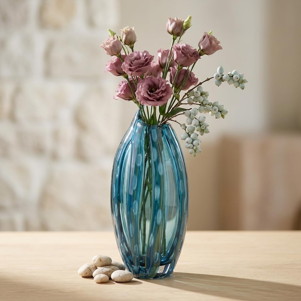 11.81in Hand Blown Blue-Green Glass Vase (White Dots) | vases Home Decor, Dining Room Table Decor, Blue vase, Glass Flower vase, Flower vase Unique Decorative Vase, Table Vase