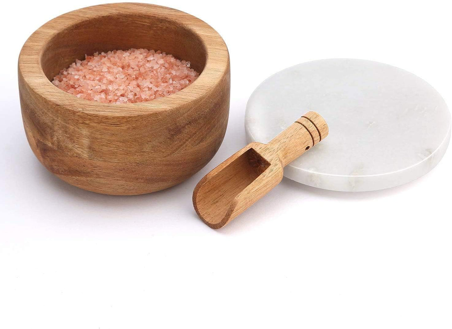 Large Acacia Wood Seasonings Condiments Pinch Bowl Spice and Spoon Salt Cellar Box Storage Jar White Marble Lid