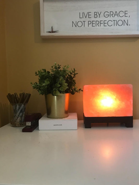 NatureBoost Himalayan Pink Salt Lamp 6.5 x 7.5 x 4 Inches – Natural Rectangular Crystal Rock Salt Lamp with Wooden Base, Dimmer Switch & 2 Bulbs – Soothing Amber Night Light for Home & Office