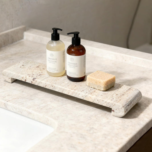 Erongoo Marble Tray Pedestal Stand, 16"x4" Marble Vanity Tray with Feet for Bathroom Counter, Rectangular Marble Riser for Kitchen Sink, Soap Dispenser Perfume Jewelry Stone Organizer (River White)