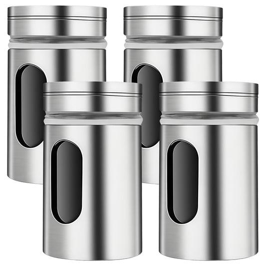 4 Pcs Salt and Pepper Shakers, Stainless Steel Kitchen Spice Dispensers with Adjustable Pour Holes, Clear Viewing Window, Mini Spice Jars for Salt, Pepper, Sugar, Cinnamon