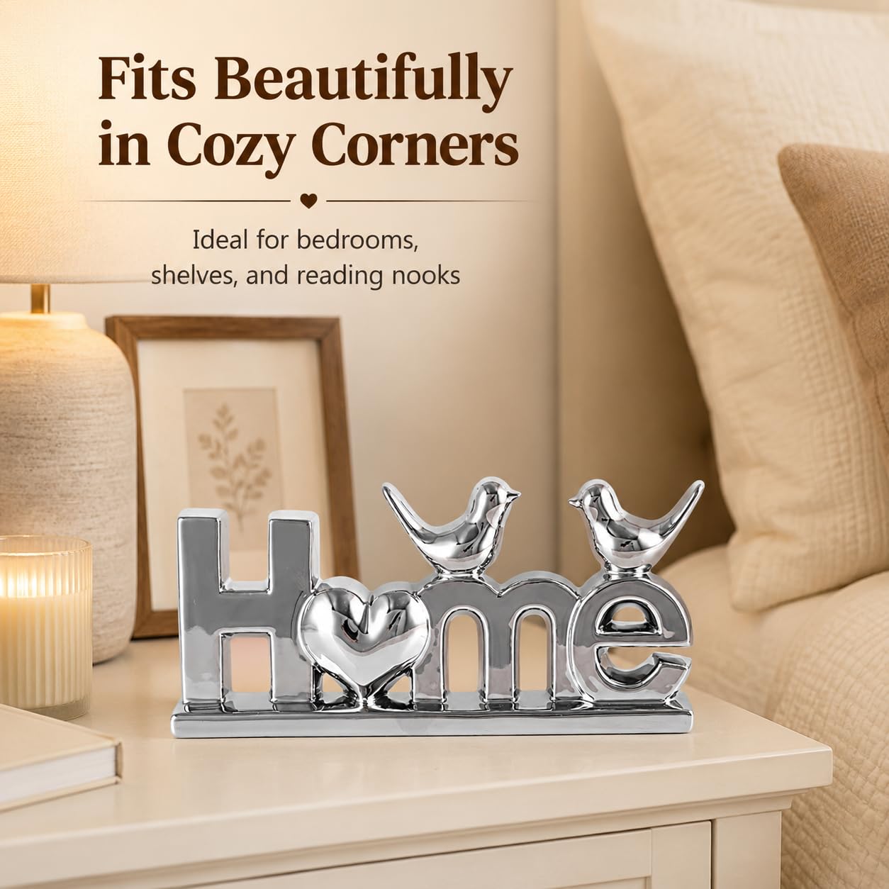 Ceramic LOVE Letter Decor with Bird Statues,Modern Silver Sculpture Optimized for TV Stand & Floating Shelf,Sophisticated Tabletop Ornament,Romantic Anniversary & Wedding Gift for Couples (Silver)