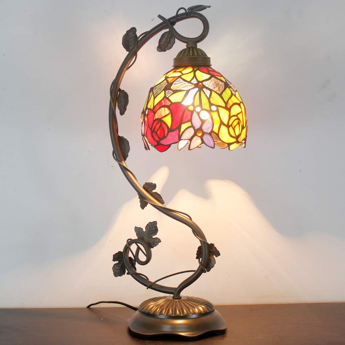 WERFACTORY Tiffany Table Lamp Rose Style Stained Glass Reading Desk Light