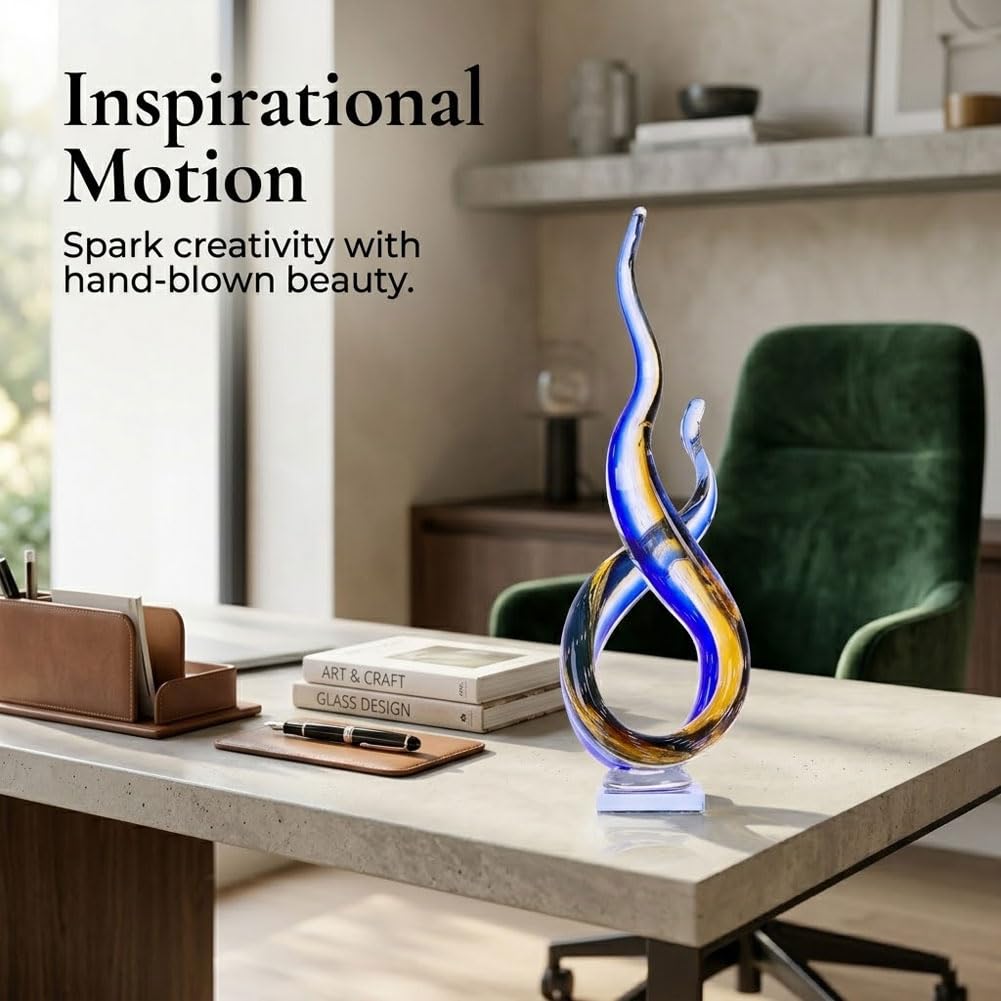 QIANLING 18.1 Inch Glass Wave Sculpture, Hand Blown Abstract Glass Figurine, Tall Decorative Glass Sculpture for Living Room Shelf, Mantel, Bedroom, Tabletop, Office and Home Decor Accent