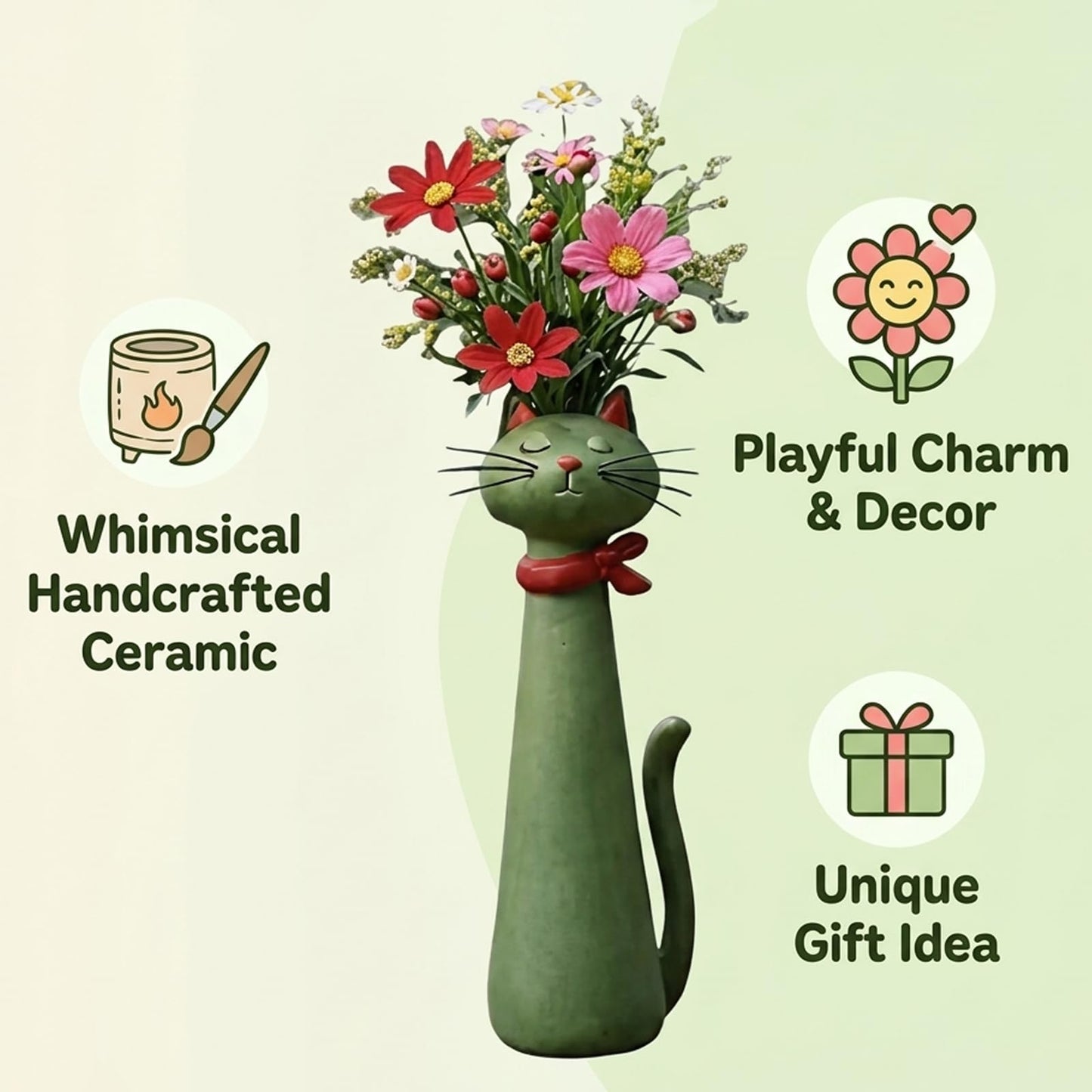 Quirky Cat Vase, Funny Cat Paw Vase for Desk and Shelf Decor, Unique Flower Vase for Small Bouquets, Whimsical Cat Planter in Green