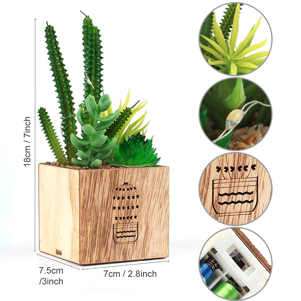 BEGONDIS Artificial Succulents with LED Lights, Set of 3 Fake Plants in Wooden Boxes for Indoor Home Decor, Desk, Shelf, Bedroom and Office