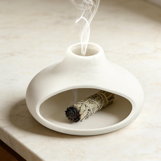 Palo Santo Holder Ceramic Incense Burner, Mini Chimney for Burning Sage and Incense Cones, Aromatic Smudge Bowl for Meditation and Yoga, Zen Room Decor, Easy-Clean Ash Catcher (White)