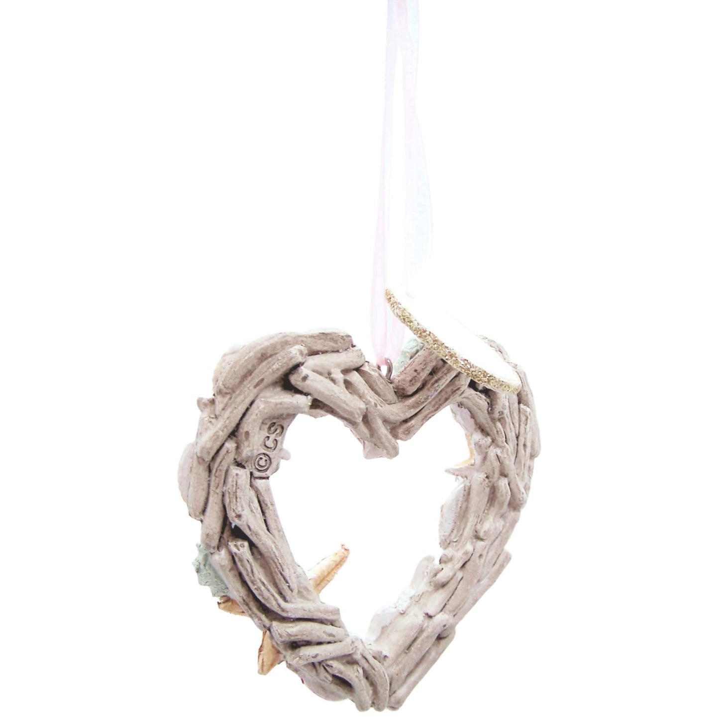 Heart Shaped Seashell and Driftwood Christmas Ornament, Nautical Theme, Holiday Decor, 3.25 Inches Tall