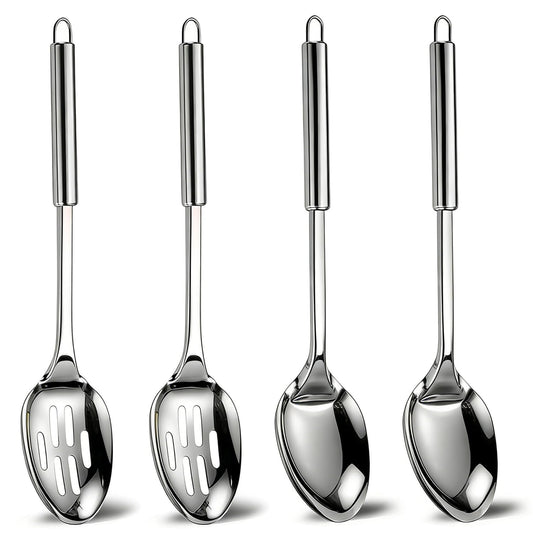 4 Pack Stainless Steel Cooking Spoon Set,Kitchen Large Cooking Spoons with Round Handle,Polished Metal Slotted Spoon &Serving Spoon, Heat Resistant Basting Spoons for Cooking,Mixing and Serving Food