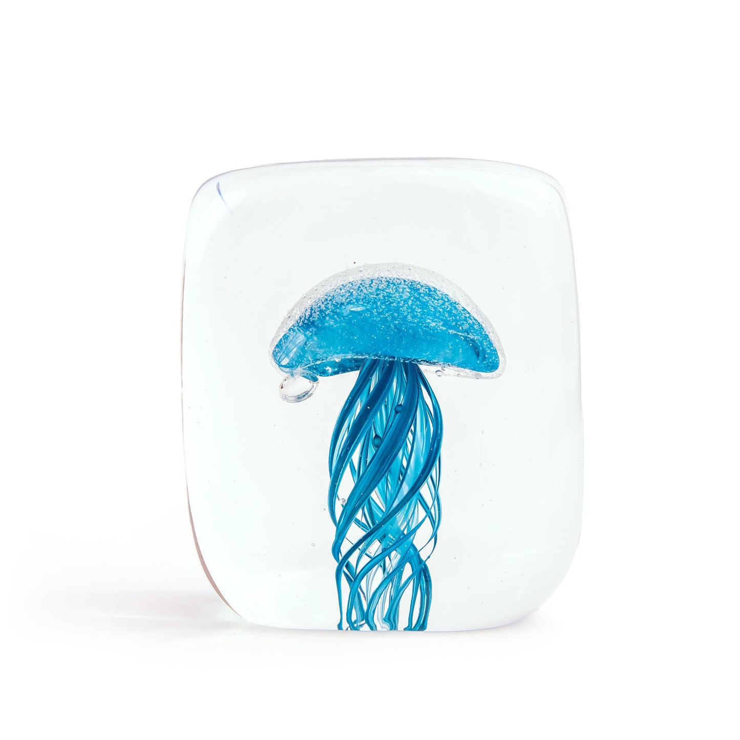 kangming Hand Blown Glass Jellyfish Paperweight, 4" Blue Marine Animal Art Sculpture, Glow in The Dark Rectangular Block, Coastal Home Desk Decor Gift (Bondi Blue)