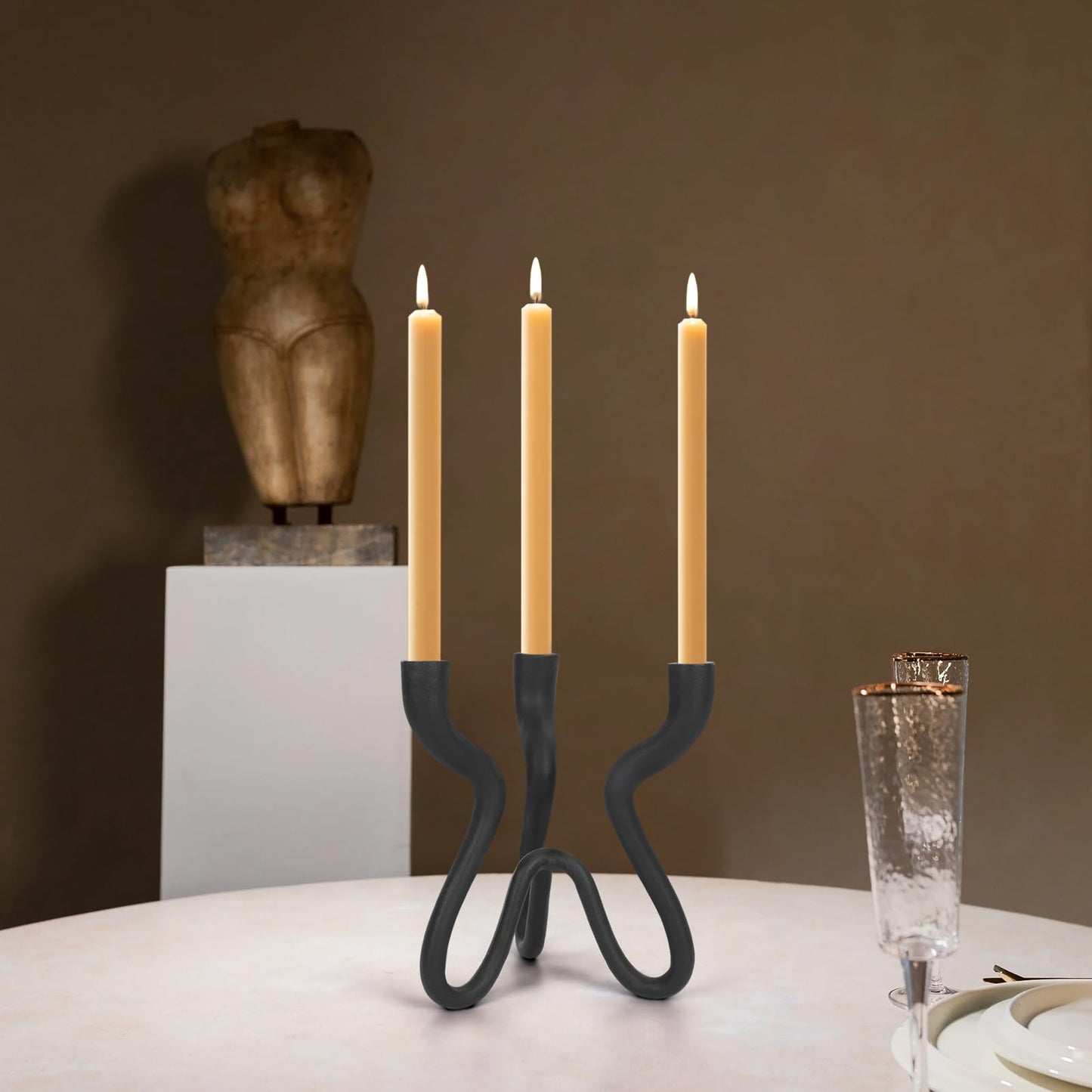 Triple Candle Holder Candelabra - Cast Iron Metal Taper Candlestick Stand with Matte Black Finish - Elegant Wedding Centerpiece for Home, Dining, Event Decor