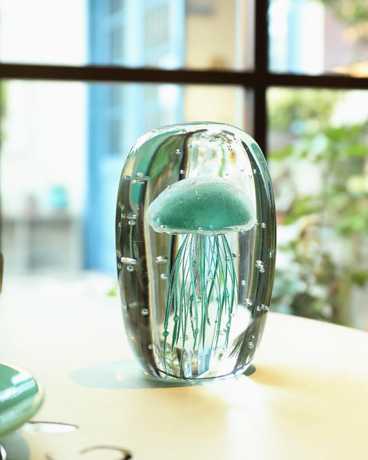 Bdor Glass Jellyfish Figurine, Hand Blown Art, Glow in The Dark Paperweight, Sea Ornament, Home Decor Gift, Green