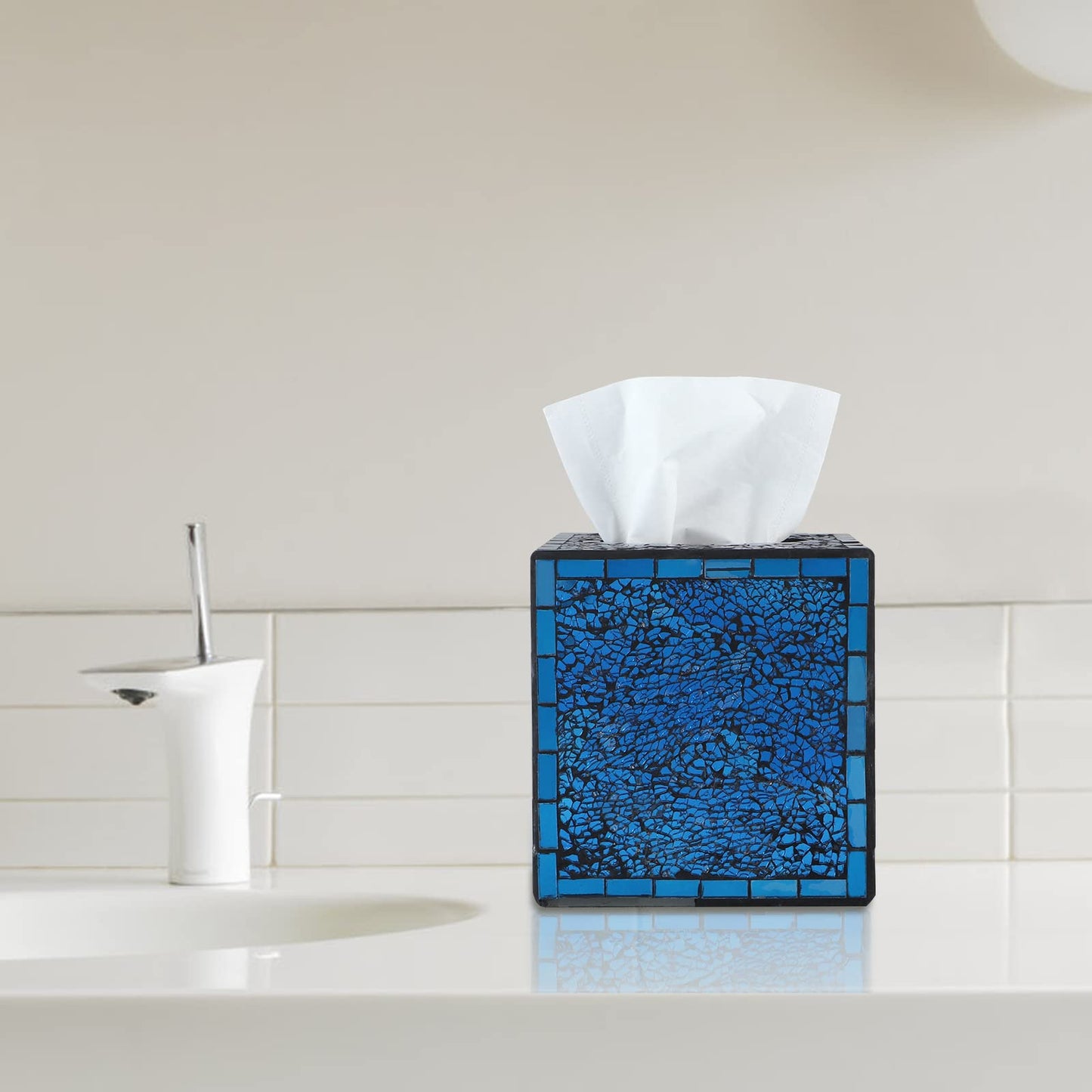MDLUU Mosaic Glass Tissue Box Holder, Decorative Tissue Box Cover, Square Tissue Dispenser for Bathroom, Bedroom, Living Room (Navy Blue)