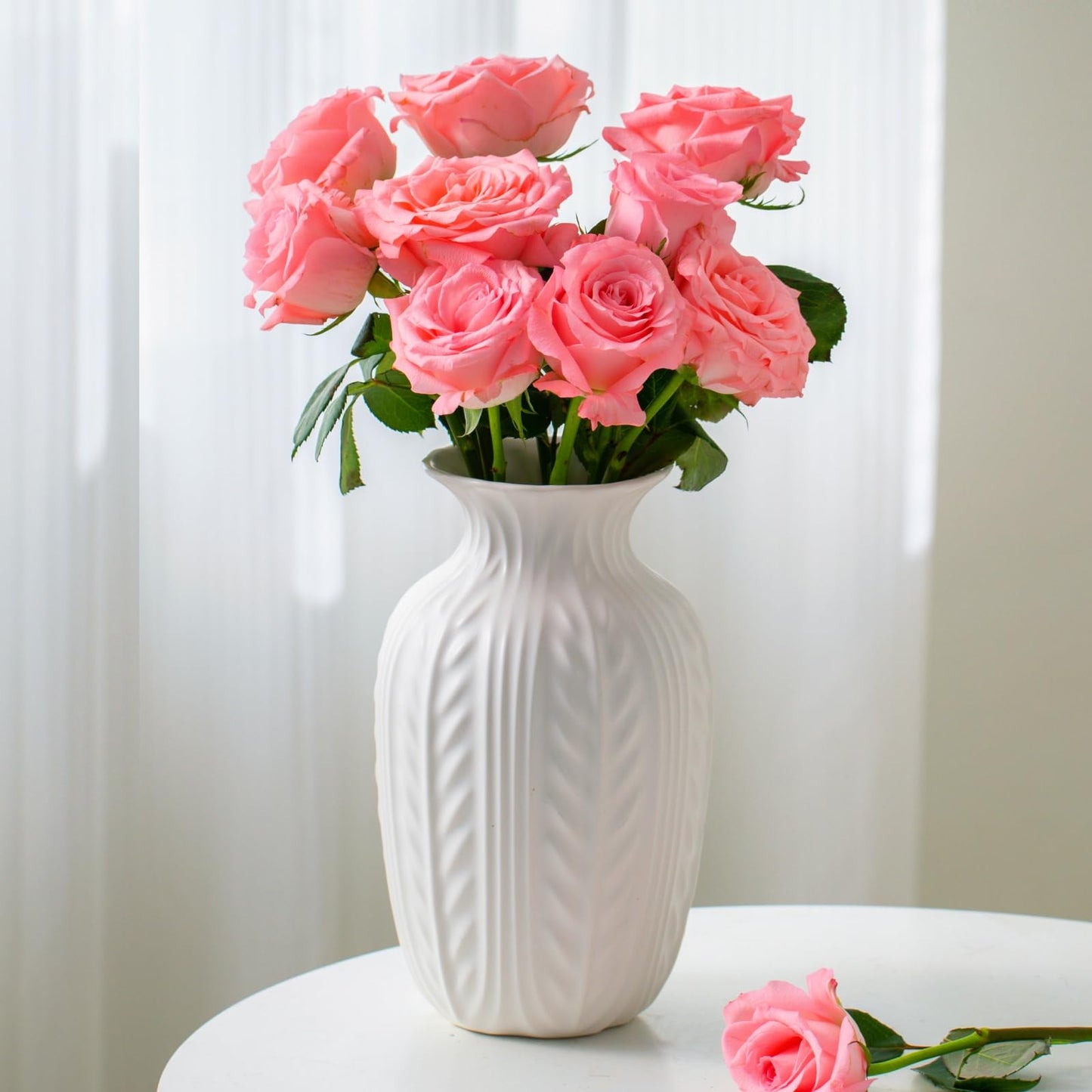 Lvases 10in Wheat Textured White Ceramic Flowers Vase Modern Home Decor