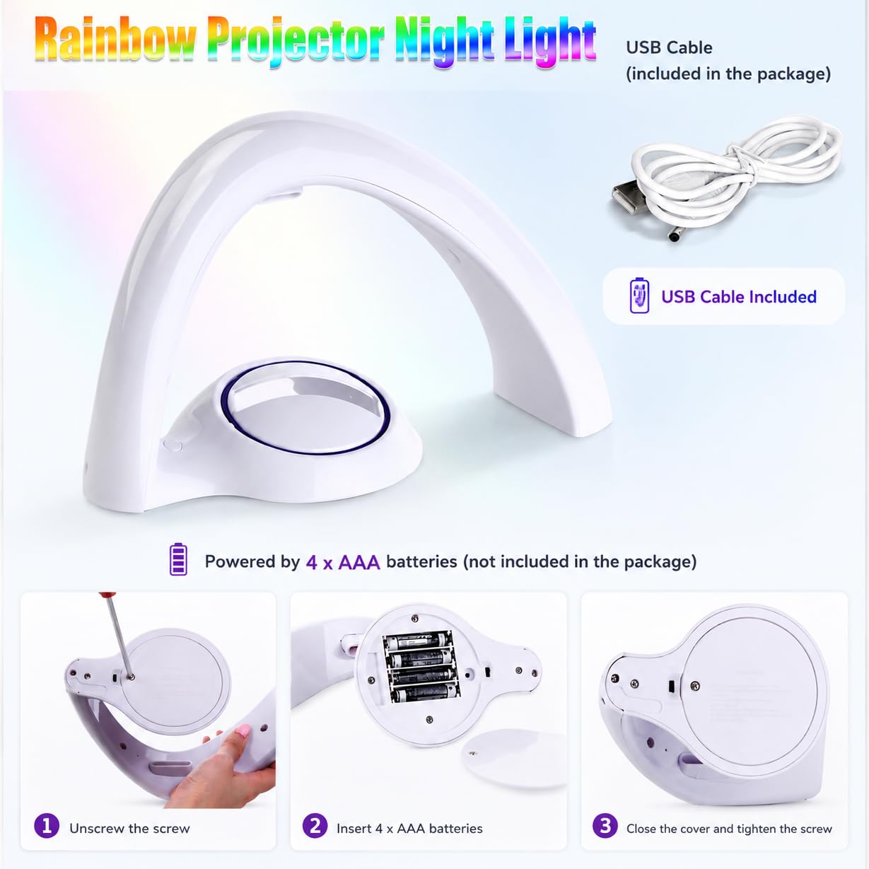 Rainbow Projector Night Light for Kids Bedroom, USB/ Battery Powered LED Rainbow Lamp with 10-Min Auto-Off Sleep Timer, Rainbow Projection Signs Wall Decor Birthday Gifts for Girls Boys Toddler