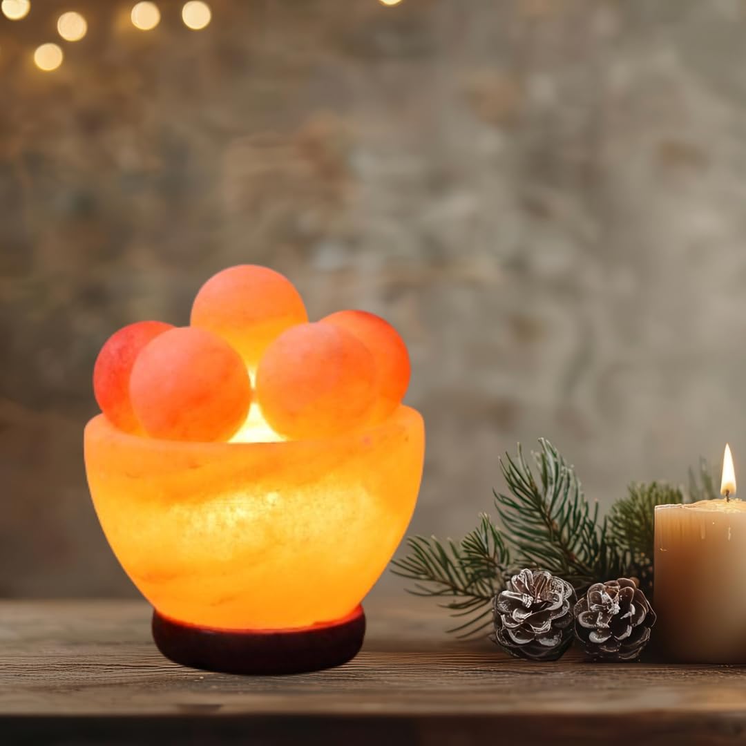 NatureBoost NB Himalayan Pink Salt Lamp Bowl with Salt Balls – Hand-Carved Crystal Rock Salt Lamp with Dimmer Switch & 2 Bulbs – Authentic from Pakistan – Soothing Amber Glow for Home & Office Décor