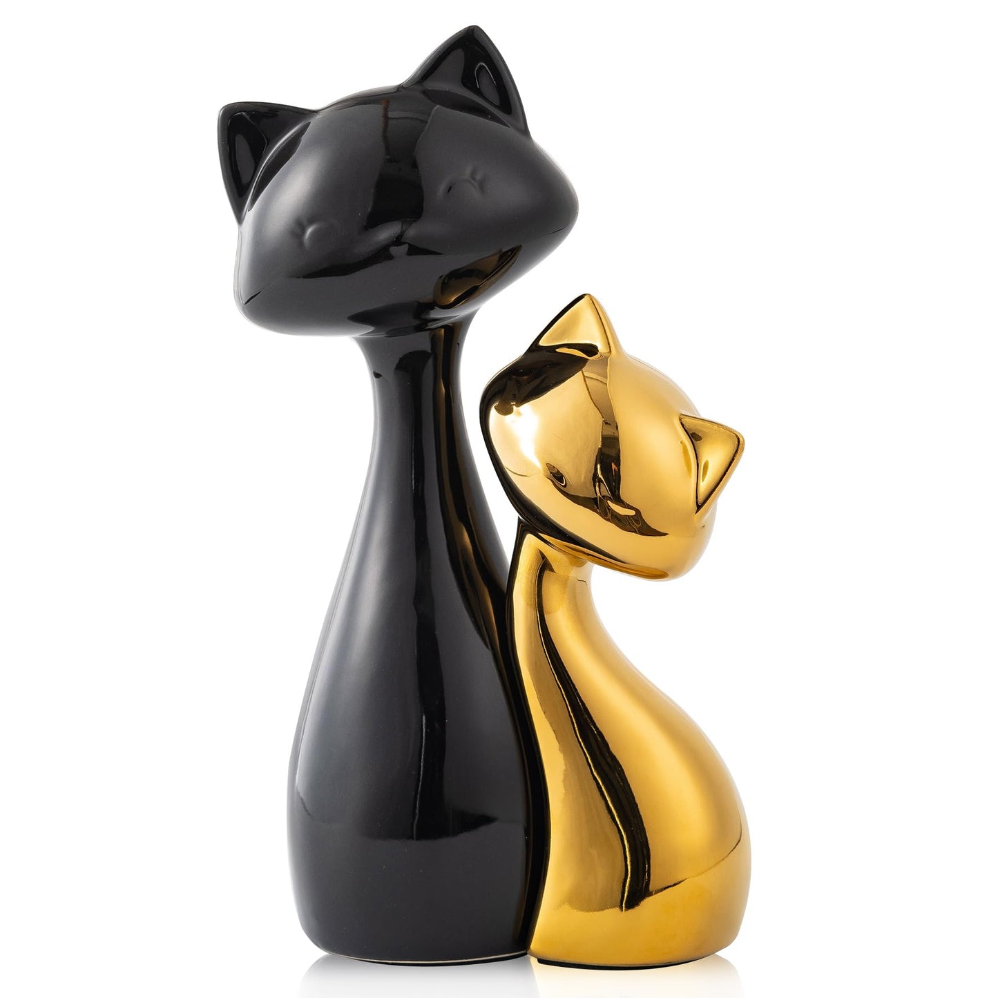 SURE YUESI Ceramic Cat Statue Set, Black & Gold Cute Cat Figurines, Lucky Cat Desk Decor for Cat Lovers, Modern Collectible Home Decor for Bookshelf & Living Room
