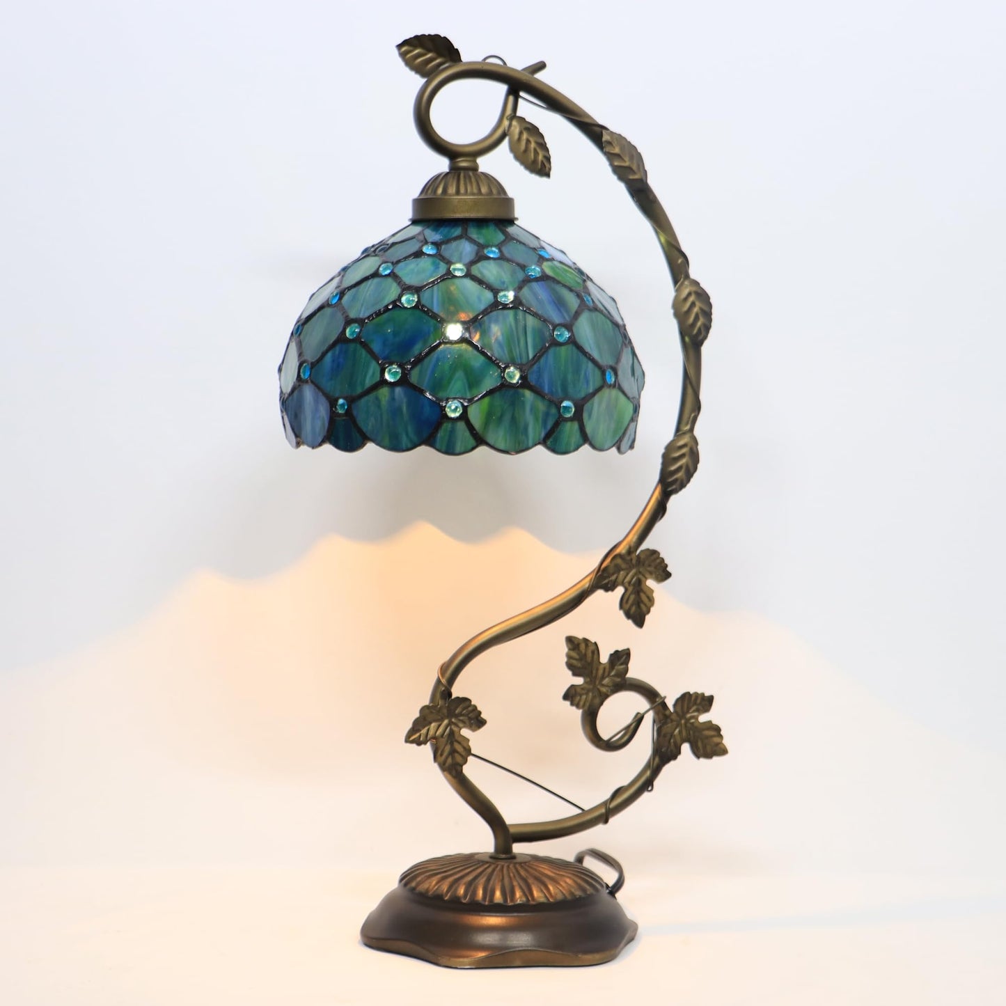 LXHCYOU Tiffany Table Lamp, Stained Glass Desk Light, 8X10X21 Inches, Metal Leaf Base (Sea Blue Pearl Style)