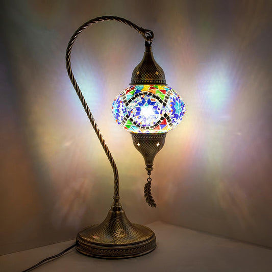 Yarra-Decor Turkish Moroccan Mosaic Table Lamp - 19” Tiffany Style Bedside Light with Bronze Base, 3 Color Options LED, Handmade Boho Accent Lighting (Blue1)