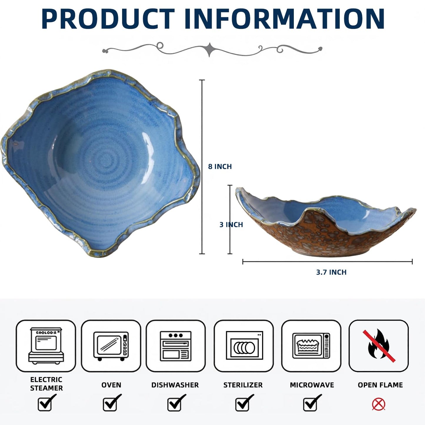 TANMESSO Small Ceramic Decorative Bowl with Irregular Rim Reactive Glaze Candy Dish Japanese Style Table Decor (Blue)