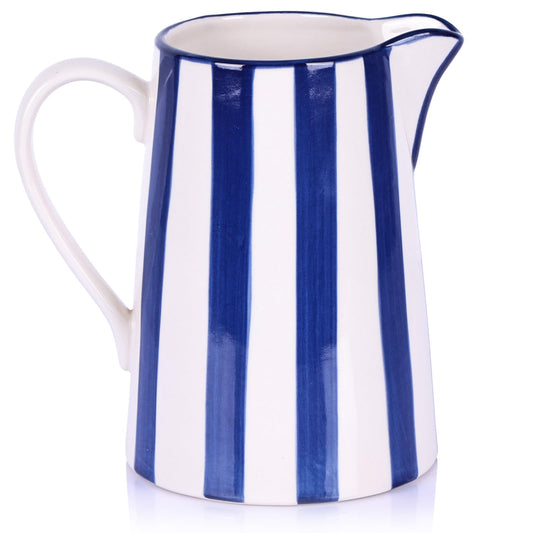 oliruim Ceramic Blue and White Pitcher Vase with Handle, Hand Painted Farmhouse Boho Pottery Jug for Decor Table Centerpiece, Kitchen, Home Desktop Decor Vase (Stripes)