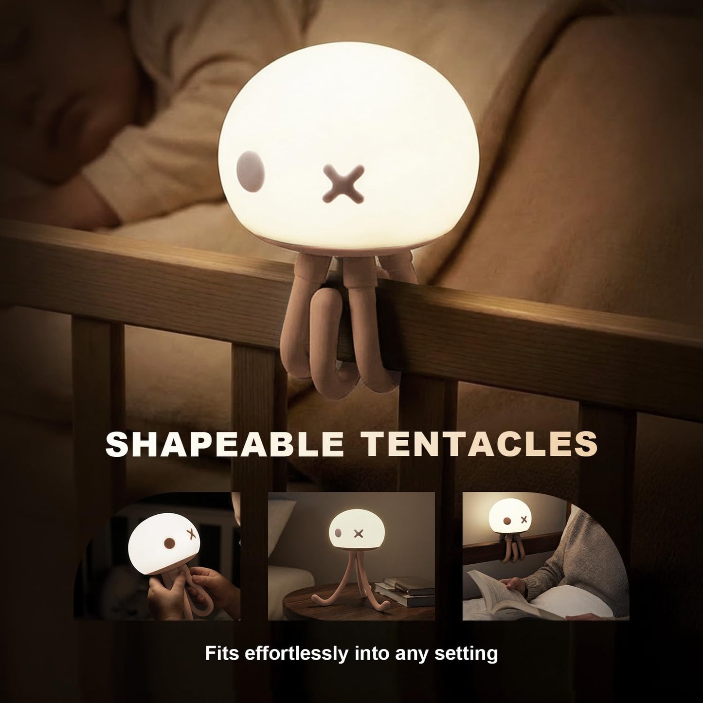 Hoxutym Jellyfish Night Light for Kids Bed Frame - Room Decor & Special Cute Funny Gifts, Rechargeable Baby Nursery Lamp with Soft Silicone Touch Control for Breastfeeding, Light Pink