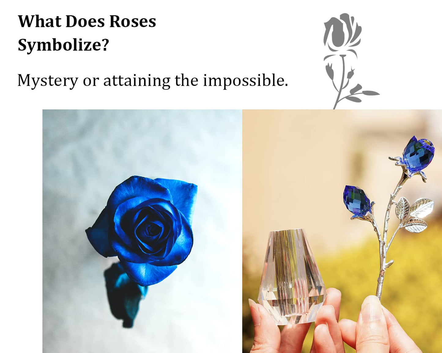 H&D HYALINE & DORA Blue Crystals Roses with Sliver Metal Stem Glass Figurine Ornament Wedding Gifts for Woman Home Party Decorations