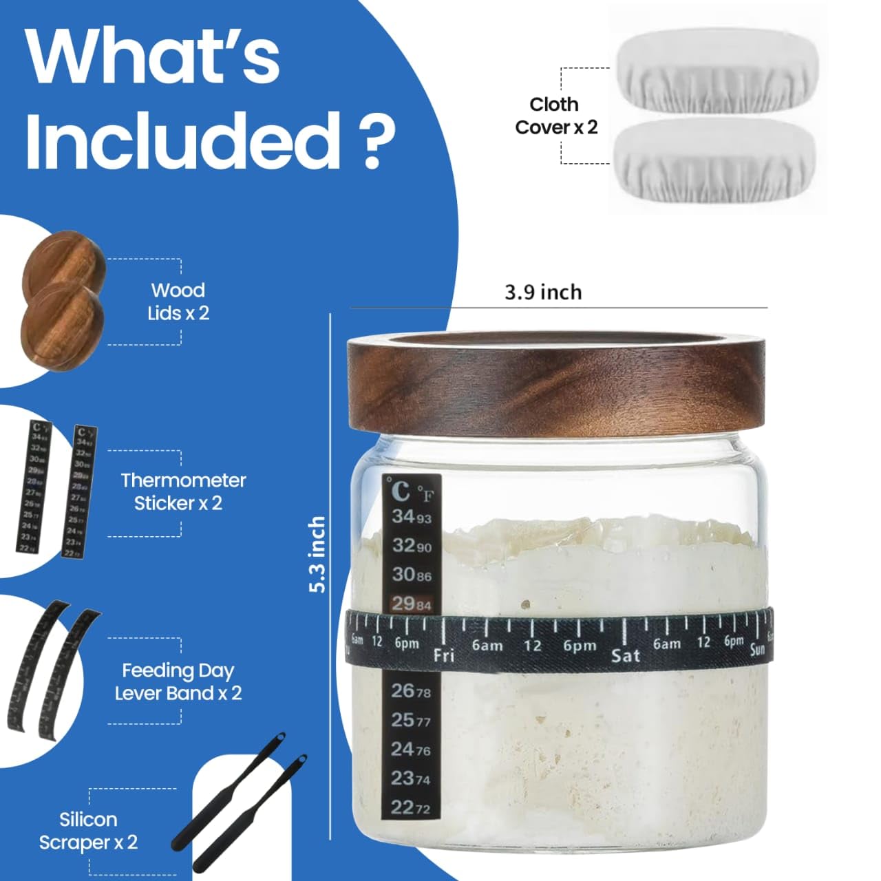 NETIX VERA Sourdough Starter Jar Kit - Pack of 2, 35oz Wide Mouth Glass Jars for Sourdough Starter with Date Marked Feeding Scale, Thermometer, Cloth Cover, Scraper & Wooden Lid, Sourdough Jars