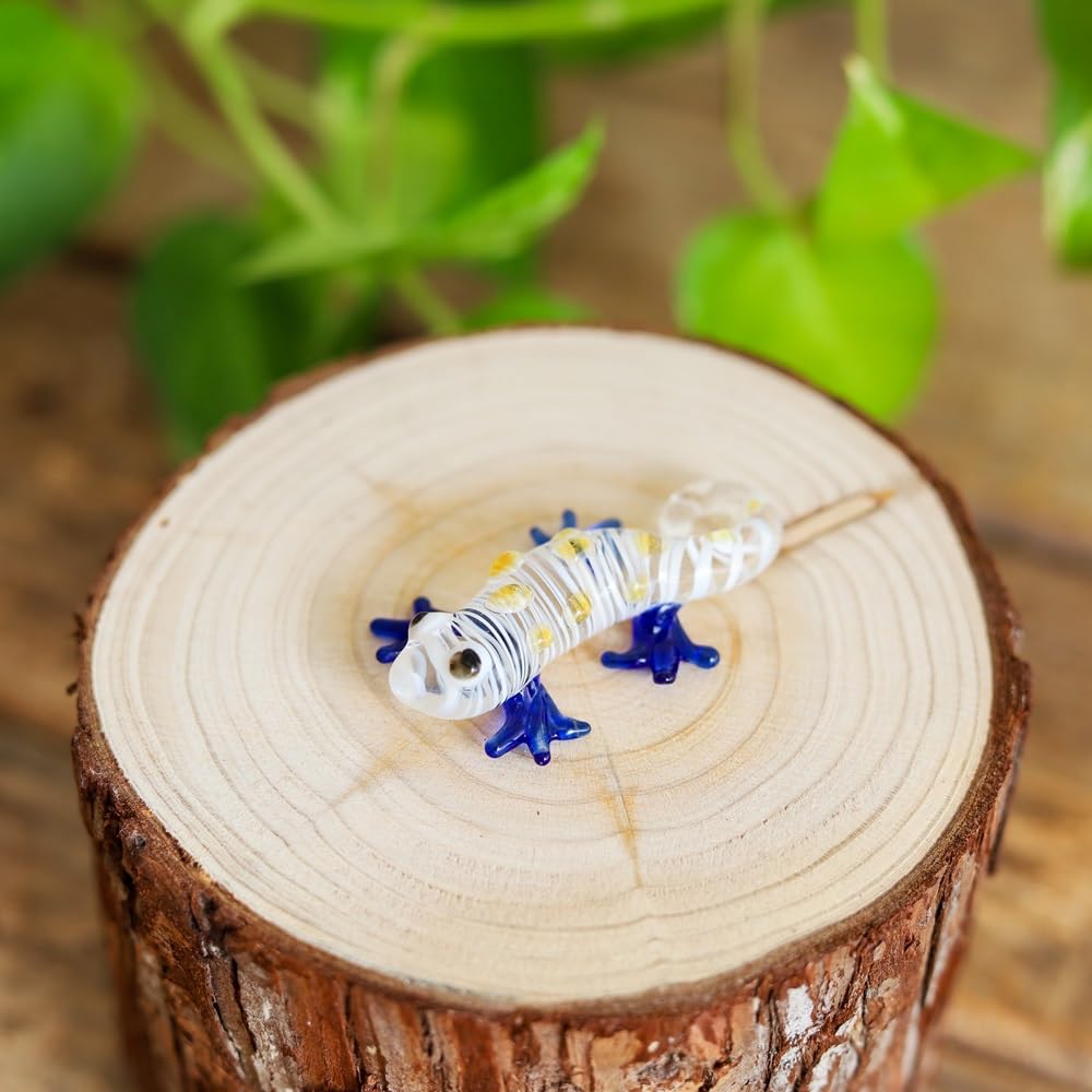 M Audomsak Hand-Blown Art Glass Gecko Figurine – Mini Yellow-Spotted Collectible with Blue Legs, Home Décor & Gift
