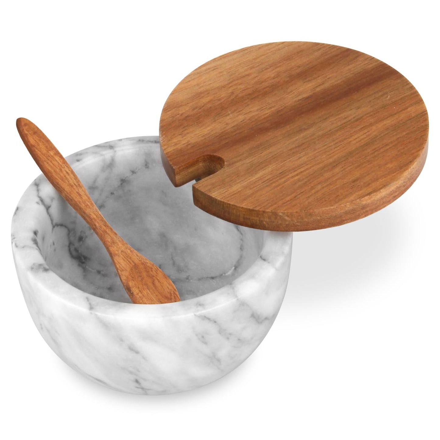 HESHIBI Salt Cellar Box with Lid & Spoon, Modern White Stone Salt or Pepper Sugar Spice Seasoning Bowl Container Jar Holder Well Keeper Dish Pig Crock for Kitchen (White Grey Marble Bowl)