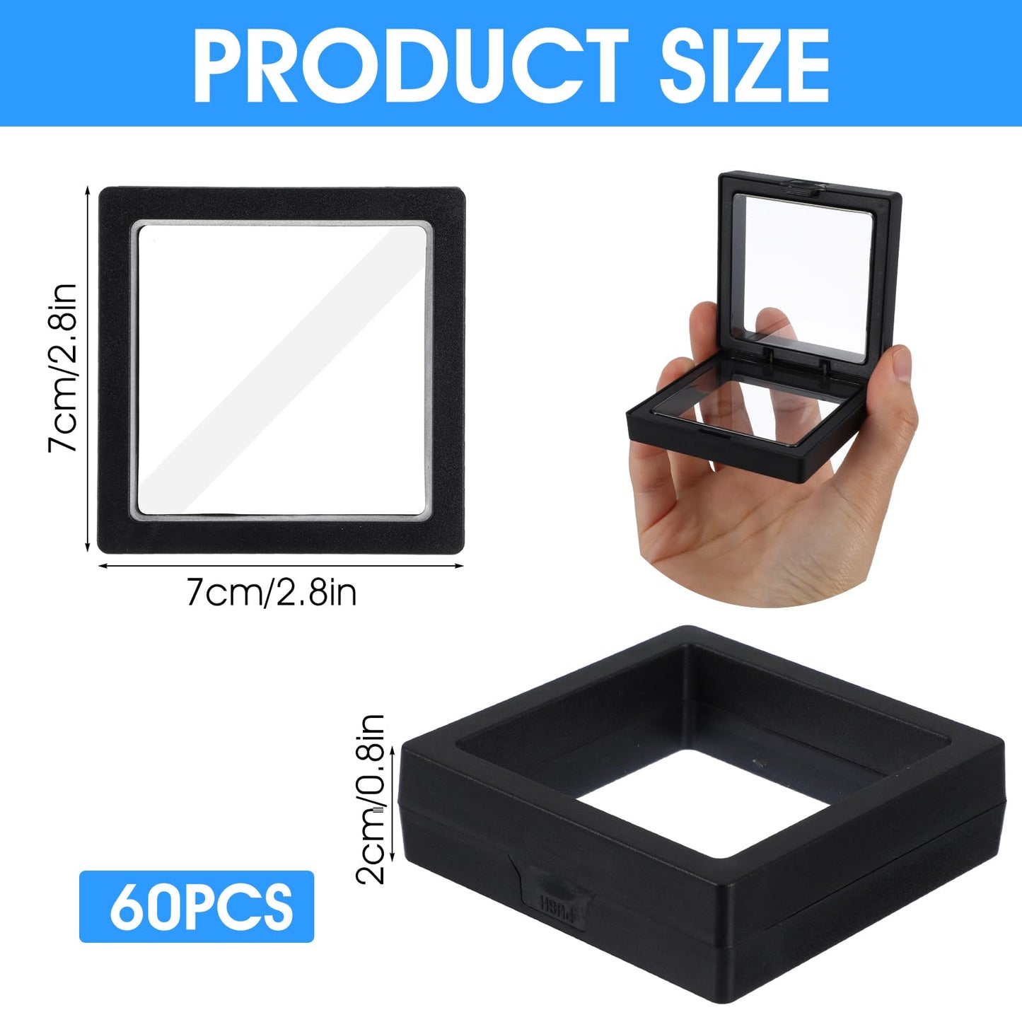 60 Pcs 3D Floating Display Case, 2.8 x 2.8 x 0.8 Inch Transparent Film 3D Floating Coin Display Frame Holder Stands for Challenge Coins, Jewelry, Shells, Gems, Rocks, Fossils, Specimen (Black)