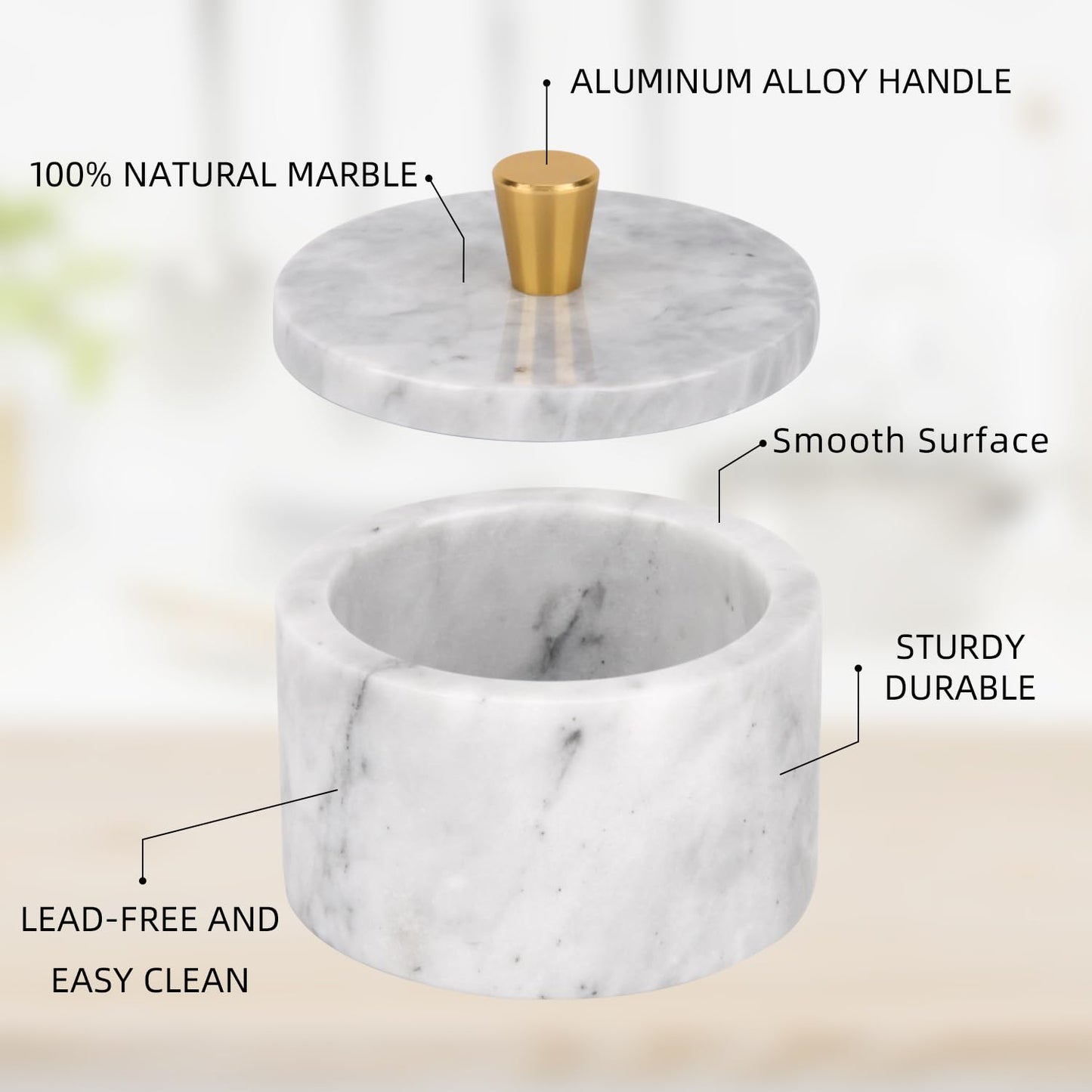Stonemanus Marble Salt Cellar with Lid, 4 inch Natural Stone Salt Pepper Box, Alloy Lid for Kitchen Countertop Storage (White Grey, 4 * 3.5)