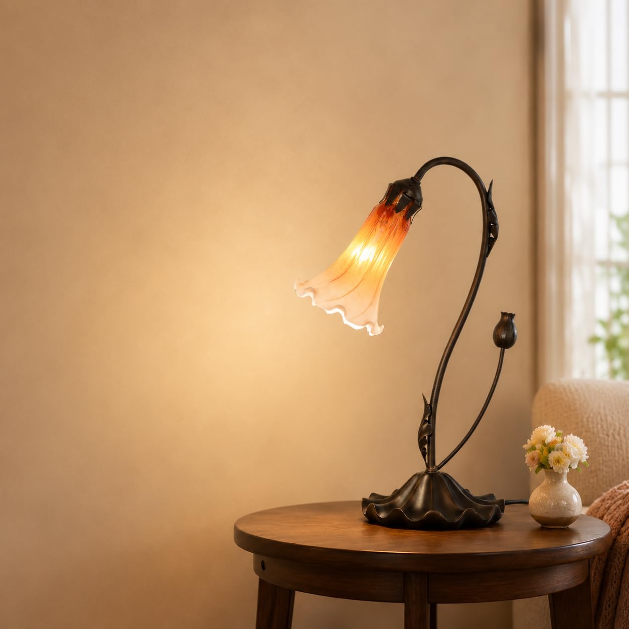 Bieye L10697 Lily Flower Blown Glass Accent Table Lamp for Living Room Bedroom Decoration (1-Light, Orange)
