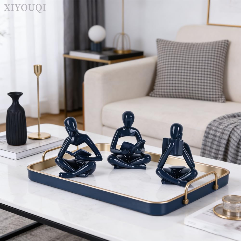 Navy Blue Thinker Statue Set of 3, Glossy Resin Reading Statue Figurines for Coffee Table, Abstract Sculptures Home Decor for Shelf, Desk, TV Console, Modern Blue Room Accents for Living Room Office