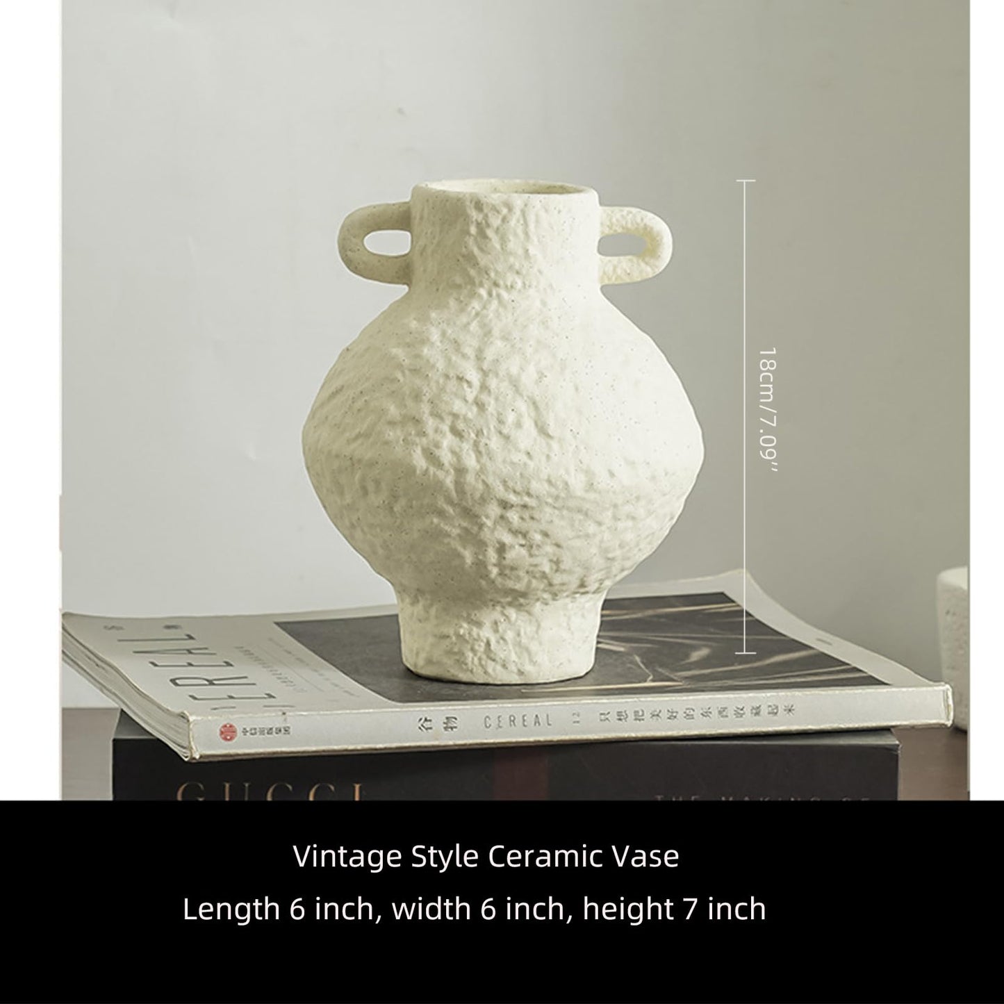 Ceramic Flower Vase with Handle, 7.1 inch Decorative White Vases for Home Decor, Farmhouse Rustic Vases for Table Mantle Fireplace Living Room Bathroom Wedding Centerpiece