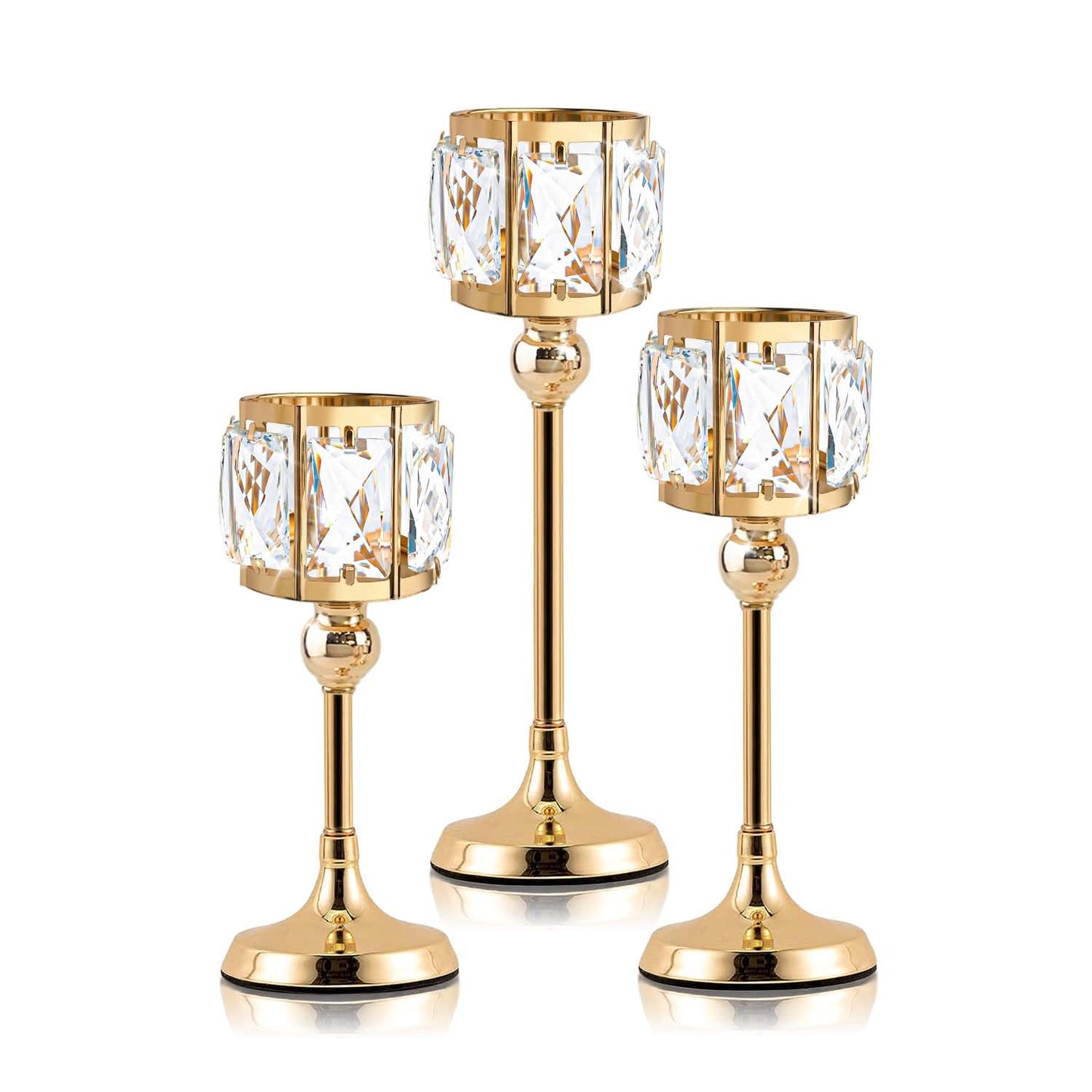 Set of 3 Cup Crystal Tealight Candle Holders, Centerpieces for Table Wedding Centerpieces Crystal Decorative Tealight Candle Dining Table Candle Holder Decor for Party (8.7"+10.6"+12.2", Gold)