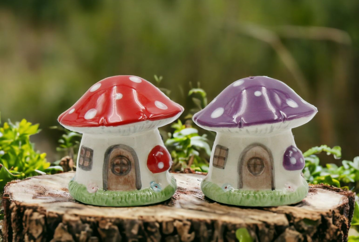 Fine Ceramic Fairy Mushroom House Salt & Pepper Shakers Set, 2-5/8"