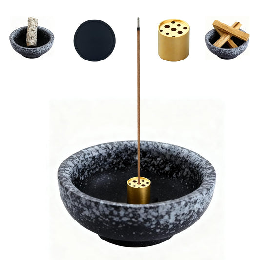 Japanese Ceramic Incense Burner, Handmade Zen Incense Holder with 9-Hole Brass Stick Holder, Ash Catcher Bowl for Meditation, Smudging, Aromatherapy, and Home Decor