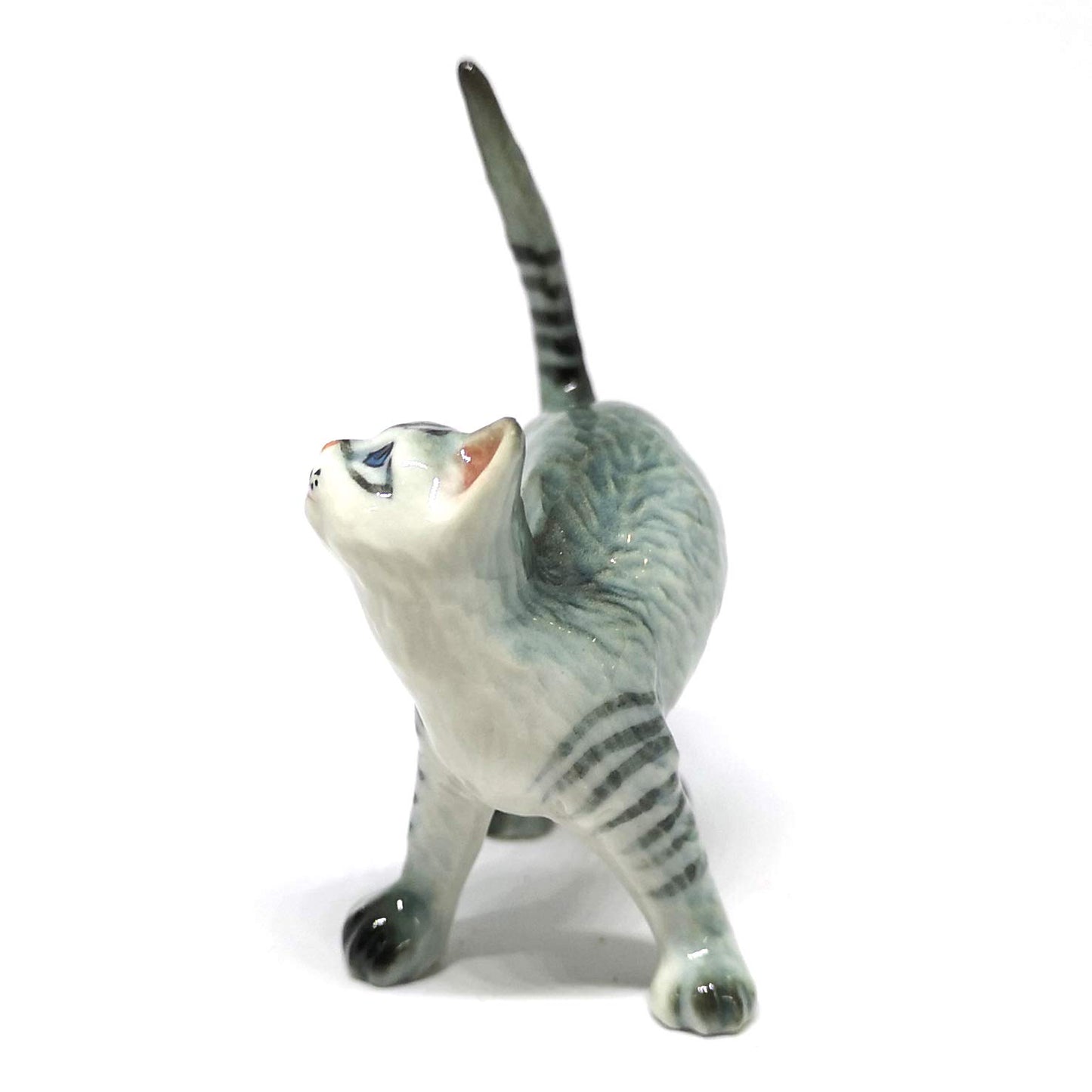 ZOOCRAFT Ceramic Cat Figurine Miniatures Stretching Gray Pet Lovers Collectibles Hand Painted Animal Poecelain