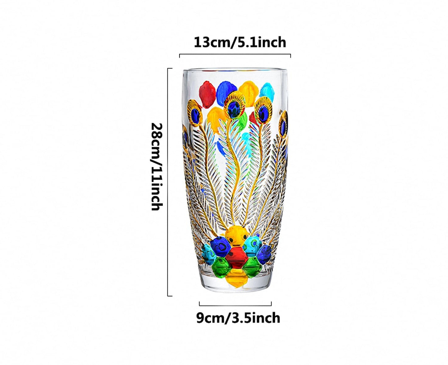 Unique Hand Painted Colorful Peacock Shaped Crystal Glass Vase-11 inch Tall. (Hand Painted Colorful)