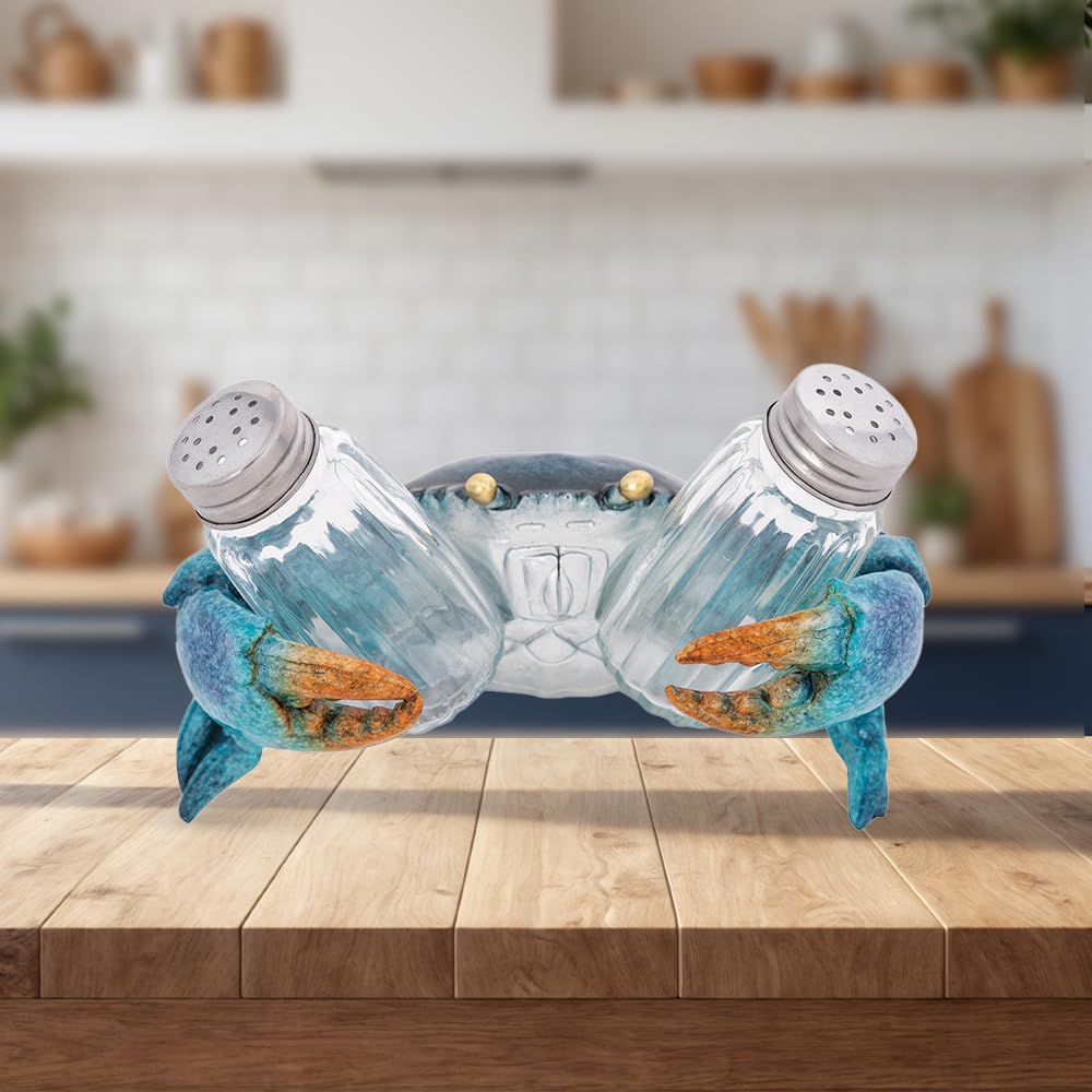 Crab Shaped Salt and Pepper Shaker Holder Set – Blue Decorative Figure for Kitchen, Dining Table, Nautical Accessories, and Coastal Décor