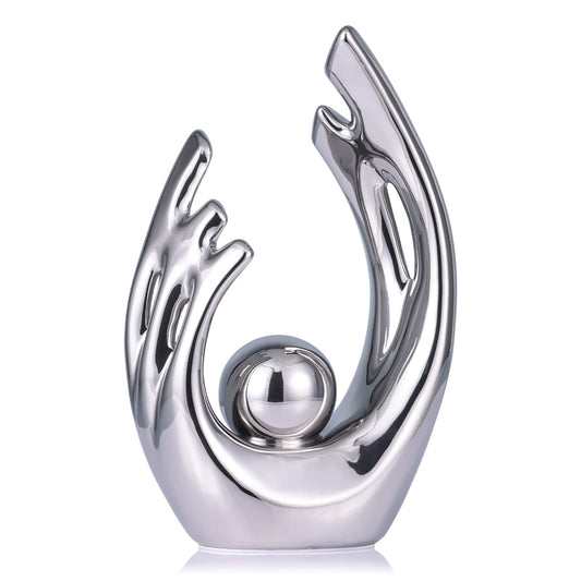 LCCCK 9.5" H Silver Aesthetic Room Decor Accent, TV Stand Funky Table Centerpiece, Abstract Art Ceramic Statue and Sculpture, Silver Decor for Living Room, Bookshelf Decorative Objects, Shelf